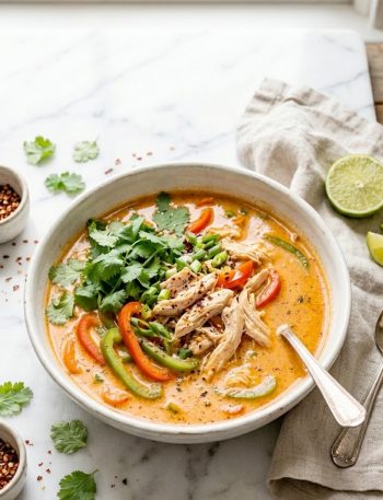 Overhead view of a white bowl filled with creamy orange Thai coconut chicken soup topped with shredded chicken, sliced red and green bell peppers, and fresh cilantro, styled on a light marble surface