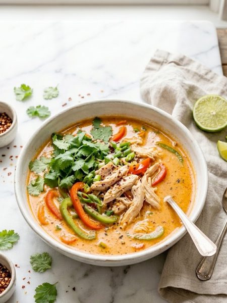 Overhead view of a white bowl filled with creamy orange Thai coconut chicken soup topped with shredded chicken, sliced red and green bell peppers, and fresh cilantro, styled on a light marble surface