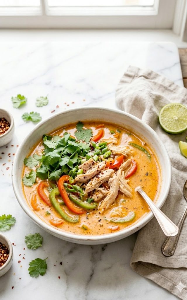 Overhead view of a white bowl filled with creamy orange Thai coconut chicken soup topped with shredded chicken, sliced red and green bell peppers, and fresh cilantro, styled on a light marble surface