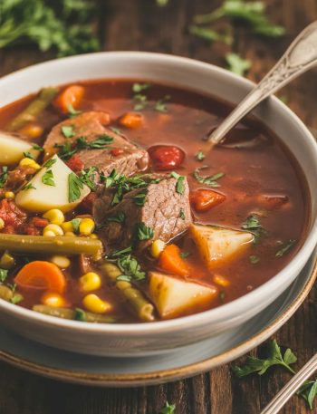 A white bowl of hearty crockpot beef vegetable soup loaded with tender beef chunks potatoes carrots green beans and corn in a rich tomato broth garnished with fresh parsley