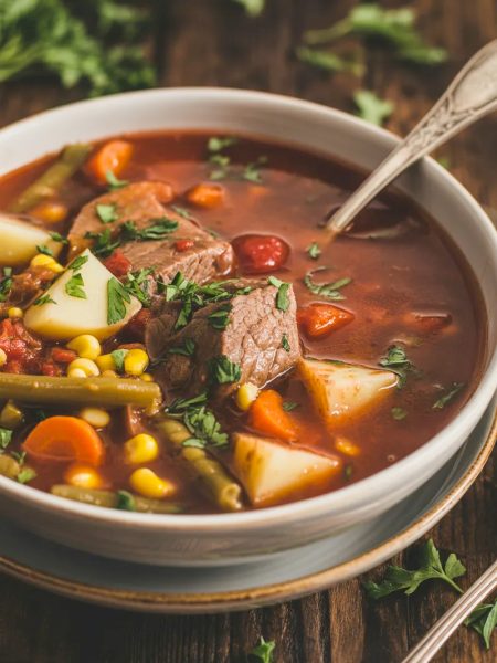 A white bowl of hearty crockpot beef vegetable soup loaded with tender beef chunks potatoes carrots green beans and corn in a rich tomato broth garnished with fresh parsley