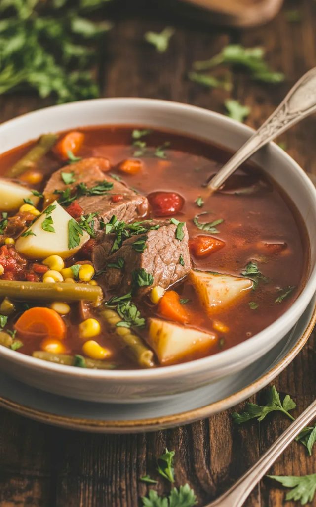 A white bowl of hearty crockpot beef vegetable soup loaded with tender beef chunks potatoes carrots green beans and corn in a rich tomato broth garnished with fresh parsley