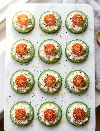 Overhead close up of cucumber rounds topped with creamy cottage cheese, halved cherry tomatoes, everything bagel seasoning, and fresh dill sprigs arranged on a white marble serving board