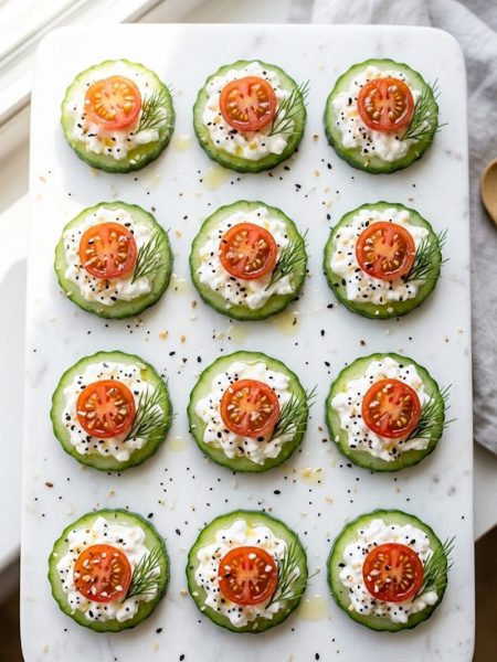 Overhead close up of cucumber rounds topped with creamy cottage cheese, halved cherry tomatoes, everything bagel seasoning, and fresh dill sprigs arranged on a white marble serving board