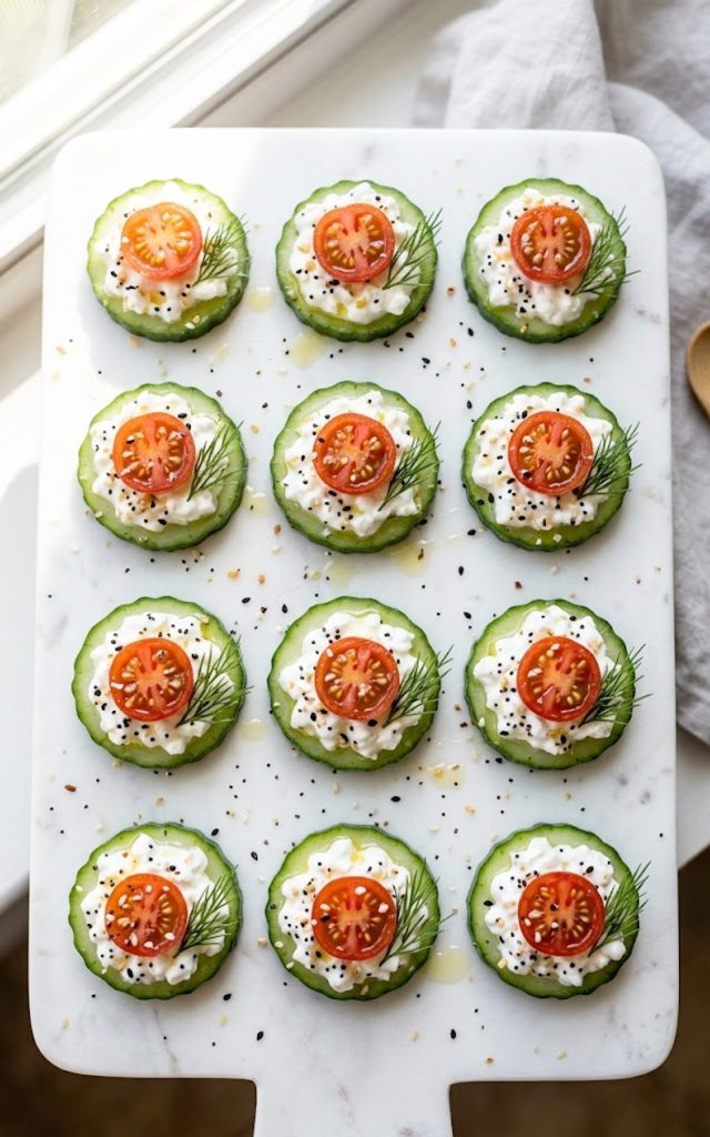Overhead close up of cucumber rounds topped with creamy cottage cheese, halved cherry tomatoes, everything bagel seasoning, and fresh dill sprigs arranged on a white marble serving board