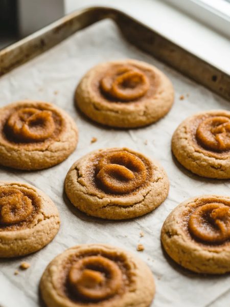 Six golden brown cinnamon brown butter cookies arranged on white parchment paper showing a beautiful caramelized cinnamon swirl pattern on top of each cookie