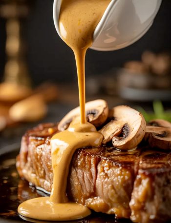 Rich creamy Diane sauce being poured in a steady stream from a white ceramic gravy boat over a perfectly seared golden brown steak fillet on a dark surface