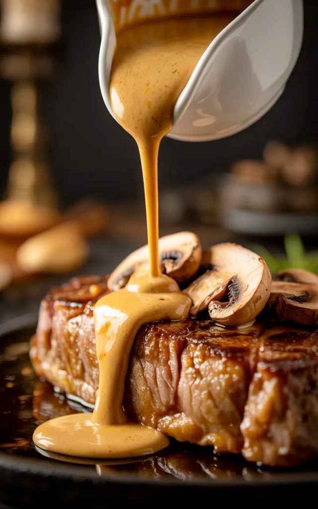 Rich creamy Diane sauce being poured in a steady stream from a white ceramic gravy boat over a perfectly seared golden brown steak fillet on a dark surface