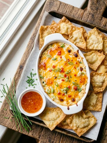 Overhead view of baked crab rangoon dip in a white oval dish topped with sweet chili sauce and green onions surrounded by crispy wonton chips