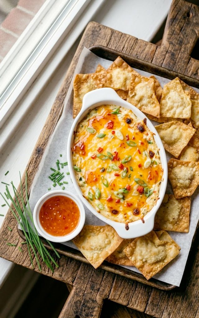 Overhead view of baked crab rangoon dip in a white oval dish topped with sweet chili sauce and green onions surrounded by crispy wonton chips