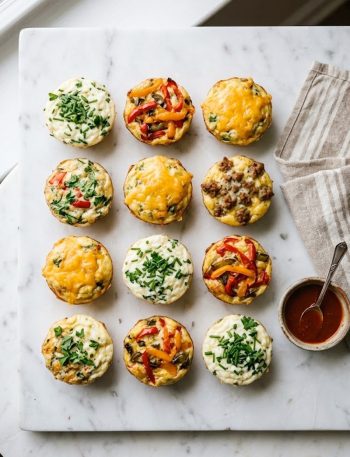 Twelve egg muffins in different flavor variations arranged on a white marble surface with fresh herbs and a small bowl of hot sauce