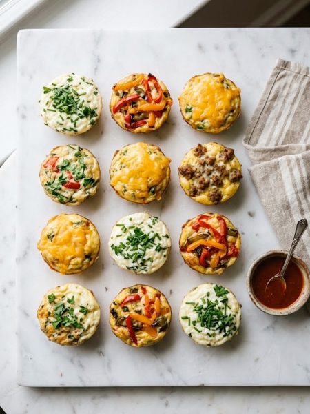 Twelve egg muffins in different flavor variations arranged on a white marble surface with fresh herbs and a small bowl of hot sauce
