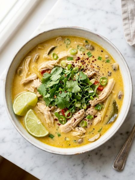 Overhead shot of a bowl of creamy Thai coconut chicken soup garnished with fresh cilantro and lime wedges on a white surface