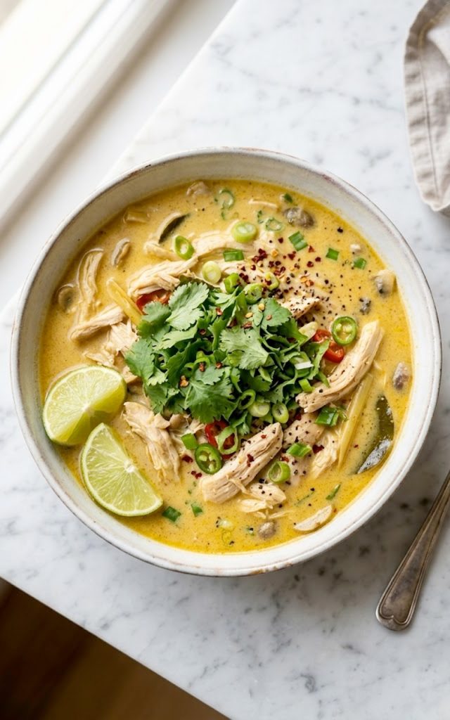 Overhead shot of a bowl of creamy Thai coconut chicken soup garnished with fresh cilantro and lime wedges on a white surface