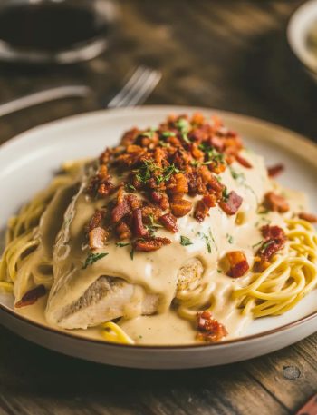 A white plate of tender crack chicken breast smothered in creamy ranch cheddar sauce topped with crispy crumbled bacon and fresh parsley served over spaghetti
