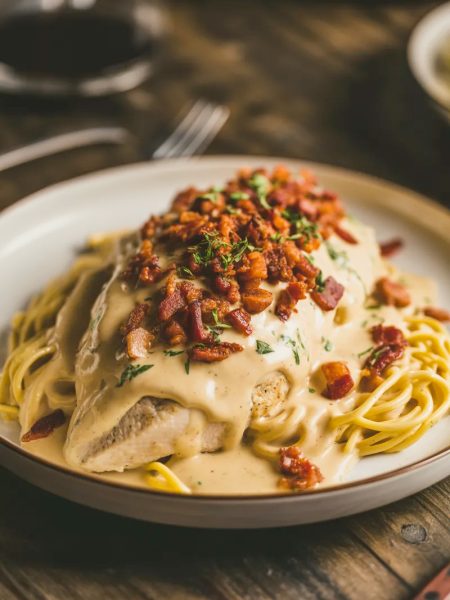 A white plate of tender crack chicken breast smothered in creamy ranch cheddar sauce topped with crispy crumbled bacon and fresh parsley served over spaghetti