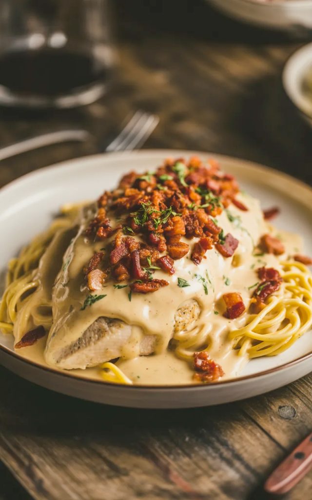 A white plate of tender crack chicken breast smothered in creamy ranch cheddar sauce topped with crispy crumbled bacon and fresh parsley served over spaghetti