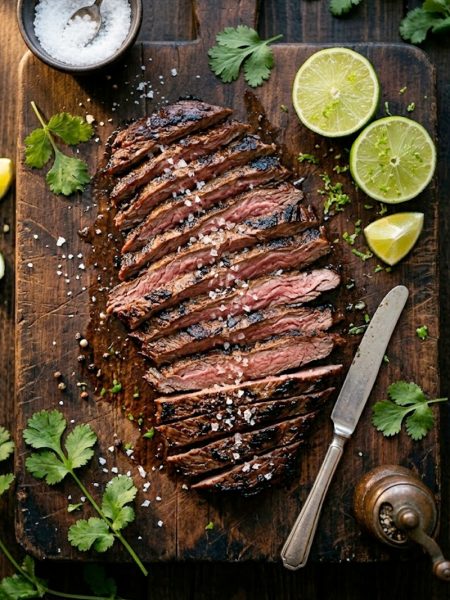 Thinly sliced marinated skirt steak with a deep charred crust fanned out on a wooden cutting board with fresh cilantro and lime wedges
