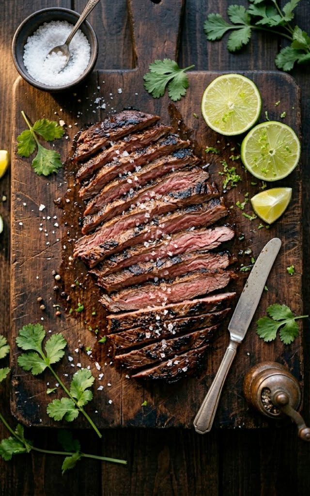 Thinly sliced marinated skirt steak with a deep charred crust fanned out on a wooden cutting board with fresh cilantro and lime wedges