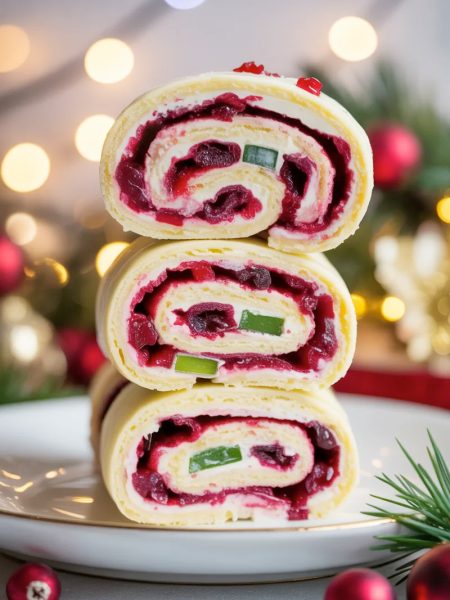 Festive Christmas cranberry roll ups made with only 4 ingredients perfect for holiday parties