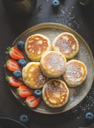 Overhead view of a stack of small golden fluffy cottage cheese pancakes dusted with powdered sugar served alongside fresh sliced strawberries and blueberries on a dark ceramic plate