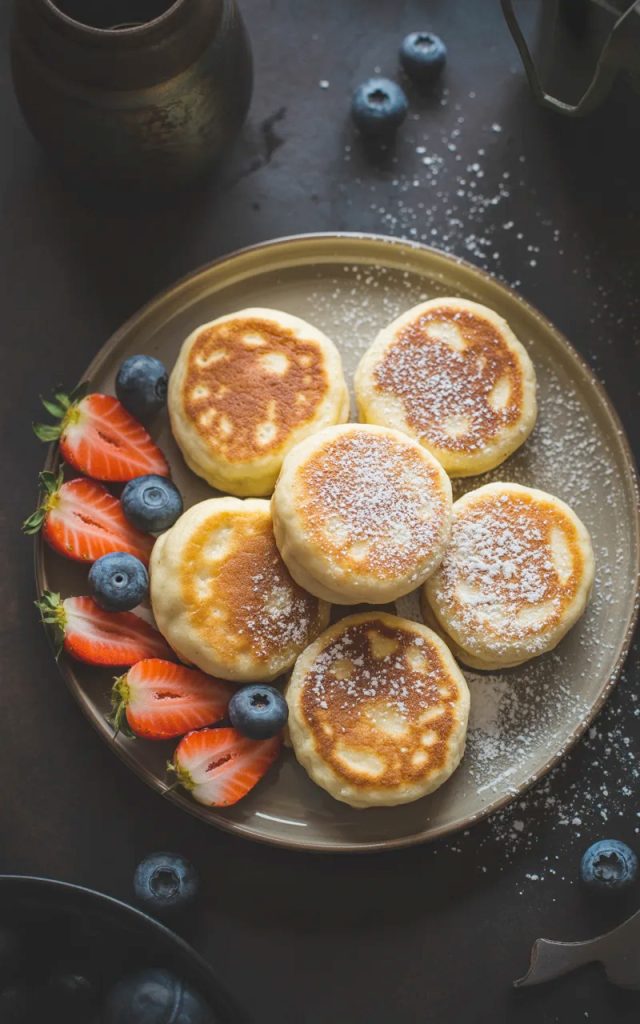 Overhead view of a stack of small golden fluffy cottage cheese pancakes dusted with powdered sugar served alongside fresh sliced strawberries and blueberries on a dark ceramic plate