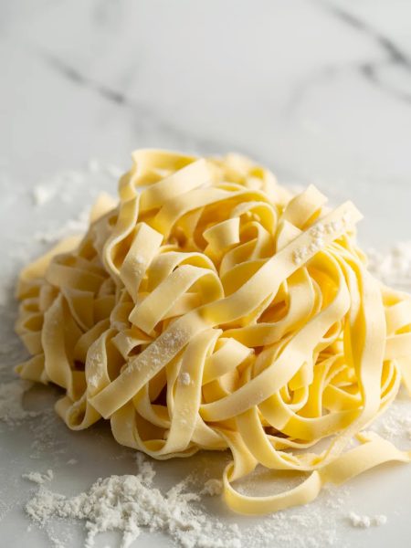A generous nest of freshly cut homemade egg noodles piled loosely on a lightly floured white marble surface, noodles pale golden yellow and dusted with flour, wide flat ribbons of varying lengths curling naturally over each other