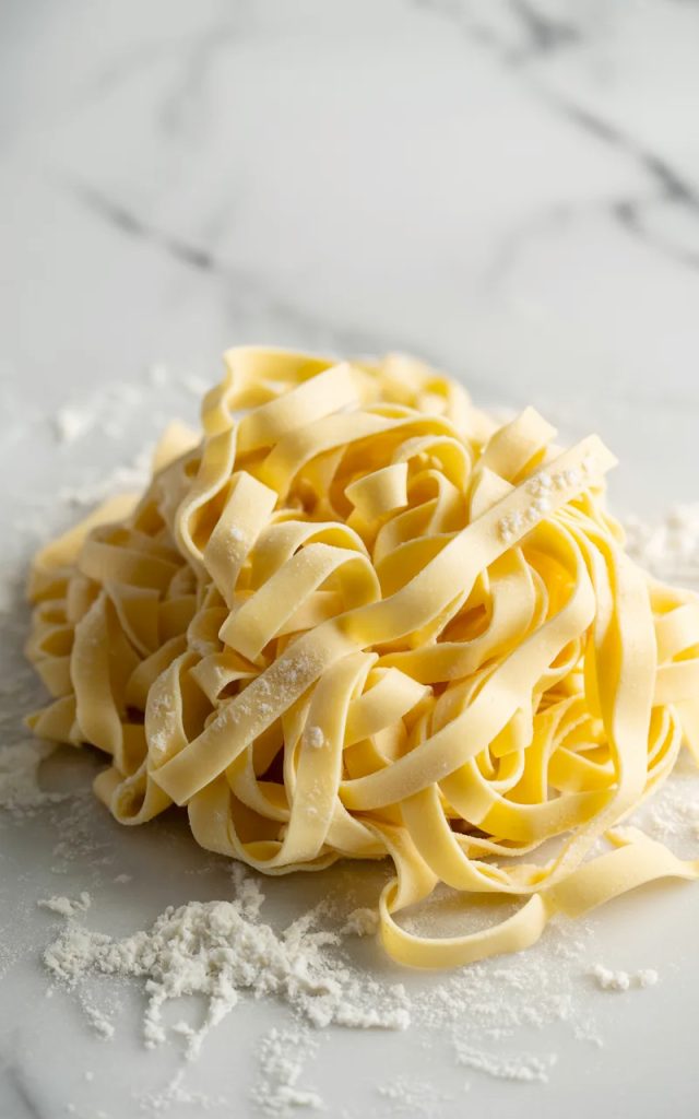 A generous nest of freshly cut homemade egg noodles piled loosely on a lightly floured white marble surface, noodles pale golden yellow and dusted with flour, wide flat ribbons of varying lengths curling naturally over each other