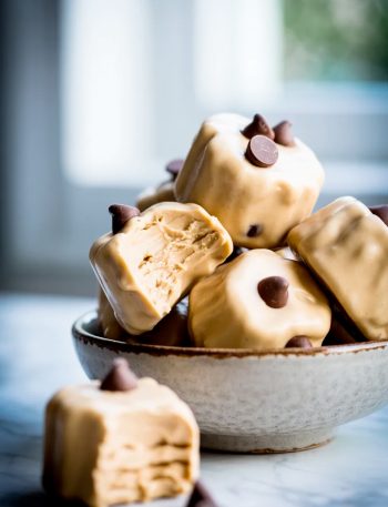 A pile of frozen Greek yogurt peanut butter bites loaded with mini chocolate chips in a ceramic bowl, one bite taken out of the front bite showing the creamy interior