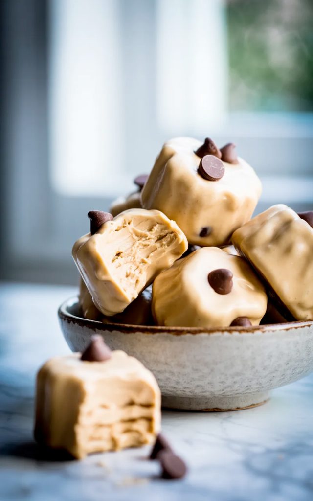 A pile of frozen Greek yogurt peanut butter bites loaded with mini chocolate chips in a ceramic bowl, one bite taken out of the front bite showing the creamy interior