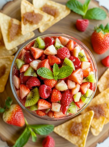 Overhead flat lay of a glass bowl of colorful fruit salsa surrounded by golden cinnamon sugar tortilla chips on a rustic wooden serving board with fresh strawberries and mint scattered around