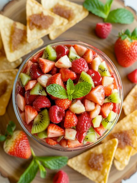 Overhead flat lay of a glass bowl of colorful fruit salsa surrounded by golden cinnamon sugar tortilla chips on a rustic wooden serving board with fresh strawberries and mint scattered around