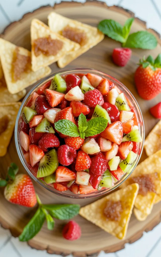 Overhead flat lay of a glass bowl of colorful fruit salsa surrounded by golden cinnamon sugar tortilla chips on a rustic wooden serving board with fresh strawberries and mint scattered around