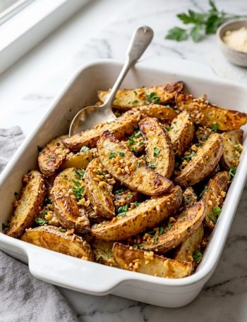 A close-up of golden crispy garlic parmesan potato wedges piled in a white baking dish garnished with freshly chopped parsley and grated parmesan cheese