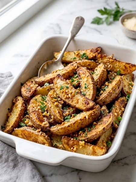 A close-up of golden crispy garlic parmesan potato wedges piled in a white baking dish garnished with freshly chopped parsley and grated parmesan cheese