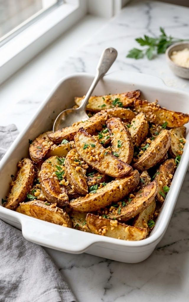 A close-up of golden crispy garlic parmesan potato wedges piled in a white baking dish garnished with freshly chopped parsley and grated parmesan cheese