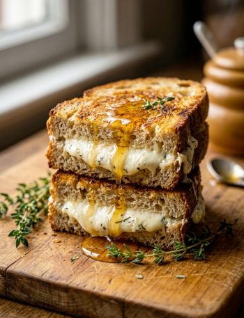 Stacked goat cheese grilled cheese sandwiches cut in half showing creamy filling with honey drizzle and fresh thyme on a wooden board