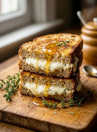 Stacked goat cheese grilled cheese sandwiches cut in half showing creamy filling with honey drizzle and fresh thyme on a wooden board