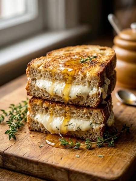 Stacked goat cheese grilled cheese sandwiches cut in half showing creamy filling with honey drizzle and fresh thyme on a wooden board