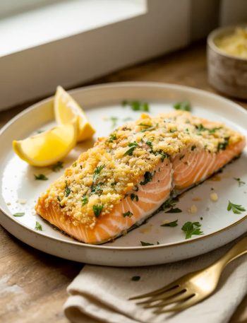 Golden crispy parmesan panko crusted salmon fillet on a white ceramic plate garnished with fresh parsley and lemon wedges on a wooden surface