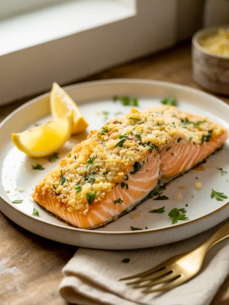 Golden crispy parmesan panko crusted salmon fillet on a white ceramic plate garnished with fresh parsley and lemon wedges on a wooden surface