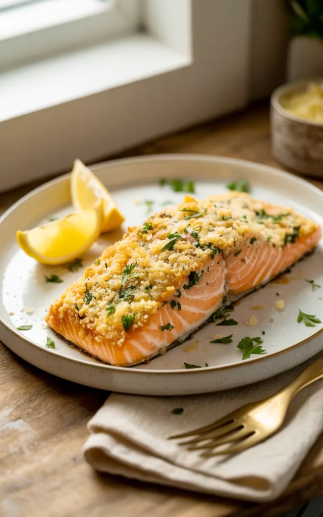 Golden crispy parmesan panko crusted salmon fillet on a white ceramic plate garnished with fresh parsley and lemon wedges on a wooden surface