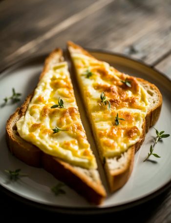 Angled shot of two triangular halves of golden broiled egg and cheese toast on a gray ceramic plate showing a bubbly golden cheese and egg topping with fresh thyme leaves scattered across the surface and crispy golden bread edges on a dark wooden table
