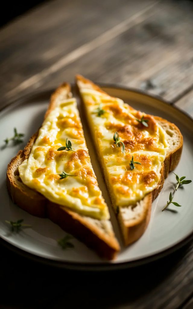 Angled shot of two triangular halves of golden broiled egg and cheese toast on a gray ceramic plate showing a bubbly golden cheese and egg topping with fresh thyme leaves scattered across the surface and crispy golden bread edges on a dark wooden table