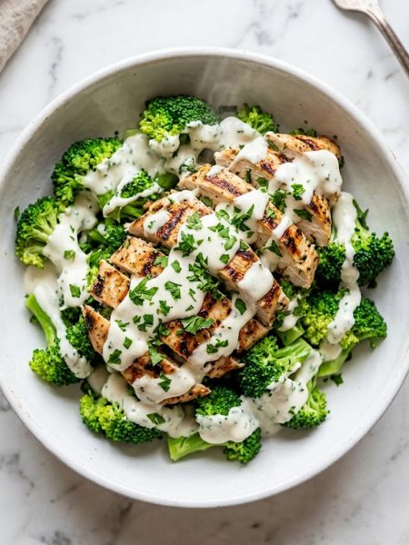 A grilled chicken and broccoli bowl drizzled with creamy garlic sauce and garnished with fresh parsley in a white bowl on a marble surface