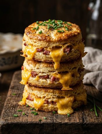 Stack of golden ham and cheese butter swim biscuits with melted cheddar oozing from the sides on a wooden board