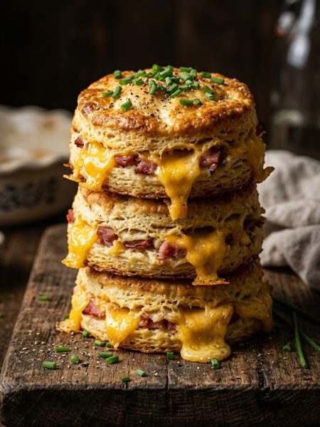 Stack of golden ham and cheese butter swim biscuits with melted cheddar oozing from the sides on a wooden board