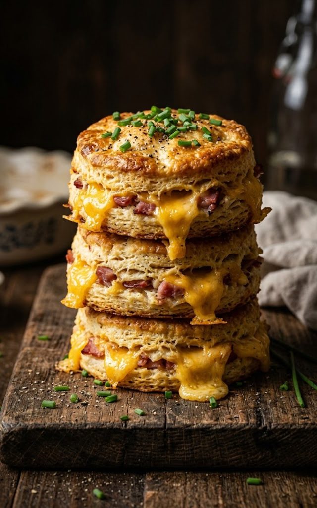 Stack of golden ham and cheese butter swim biscuits with melted cheddar oozing from the sides on a wooden board