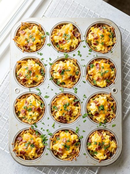 A close up overhead shot of golden crispy hash brown egg cups filled with fluffy scrambled eggs, crumbled bacon, and melted cheddar cheese garnished with fresh parsley in a muffin tin