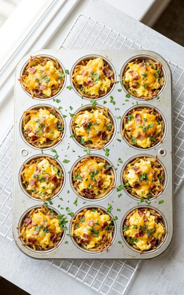 A close up overhead shot of golden crispy hash brown egg cups filled with fluffy scrambled eggs, crumbled bacon, and melted cheddar cheese garnished with fresh parsley in a muffin tin